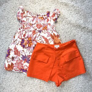 Rose + Olive Women Medium Orange Floral Top Matching Shorts Summer Two Piece Set